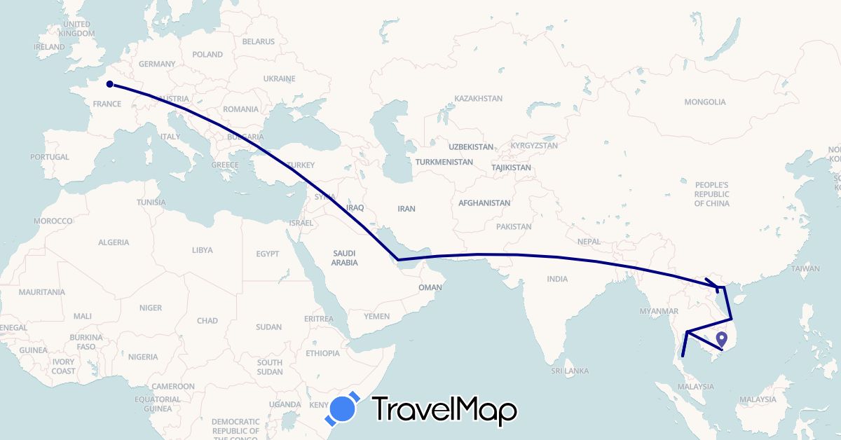 TravelMap itinerary: driving in France, Qatar, Thailand, Vietnam (Asia, Europe)